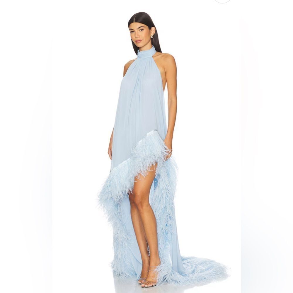 NEW BRONX AND BANCO Madeline Halterneck Gown in Powder Blue Feathered Gown - Picture 14 of 15